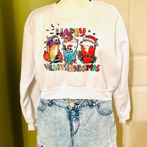 Halloween/Thanksgiving/Christmas Crew Crop  Sweatshirt (Lattes Hallothanksmas)🎉